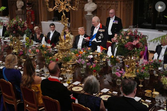 Donald J. Trump et le roi Charles III d'Angleterre lors du banquet d'Etat au château de Windsor en l'honneur de la visite officielle de président Donald Trump et de la Première dame Melania au Royaume-Uni. © Yui Mok / WPA-Pool / Julien Burton via Bestimage
