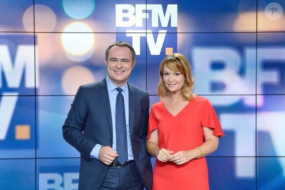 Christophe Delay et Adeline Francois, les presentateurs de la Premiere Edition de BFM TV posent pour une photo de rentree a Paris, France le 25 Aout 2017. Photo by Aurore Marechal/ABACAPRESS.COM