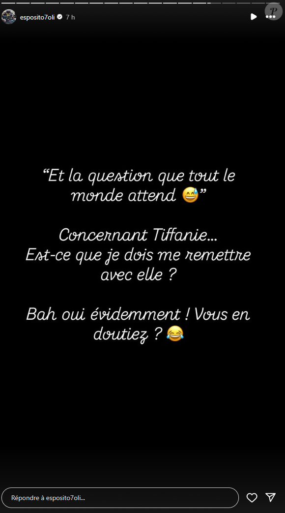 En story sur Instagram, il répond à une question, à savoir : "Est-ce que je dois me remettre avec Tiffanie ?"

Olivier Esposito (Familles nombreuses) donne des nouvelles après son divorce avec Tiffanie, mère de ses sept enfants, sur Instagram le 14 octobre 2025.