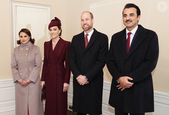 Le prince William, prince de Galles, et Catherine (Kate) Middleton, princesse de Galles, l'émir du Qatar Tamim ben Hamad Al-Thani et sa femme Jawaher bint Hamad bin Suhaim Al-Thani - Cérémonie de bienvenue pour la visite d'État de l'émir du Qatar Tamim ben Hamad Al-Thani à Londres, le 3 décembre 2024.