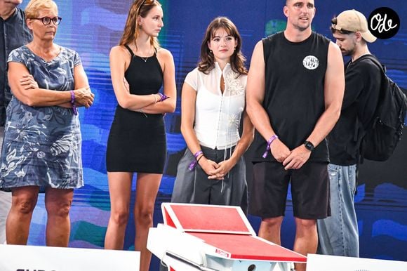 Manon Bousquet (fille de L.Manaudou et F.Bousquet) - Olga Manaudou, Elsa Bois , Nicolas Manaudou - Hommage à Florent Manaudou lors des Championnats d'Europe de natation au centre aquatique olympique à Saint-Denis le 15 août 2026

© Baptiste Autissier / PsnewZ / Bestimage