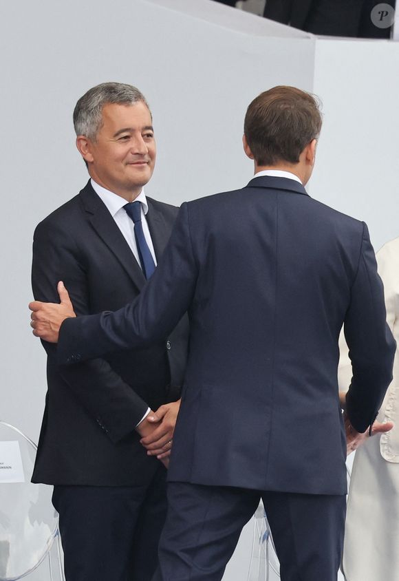 Gérald Darmanin, le président Emmanuel Macron - Cérémonie du 145ème défilé militaire du 14 juillet, jour de la Fête Nationale, avenue des Champs-Elysées à Paris.
© Dominique Jacovides / Bestimage