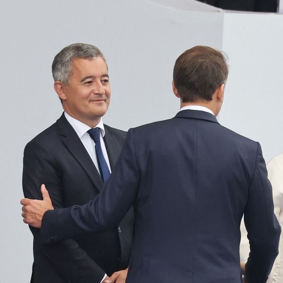 Gérald Darmanin, le président Emmanuel Macron - Cérémonie du 145ème défilé militaire du 14 juillet, jour de la Fête Nationale, avenue des Champs-Elysées à Paris.
© Dominique Jacovides / Bestimage