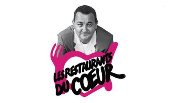 Le logo des Restos du coeur avec la photo symbolique de Coluche prise par Gaston Bergeret