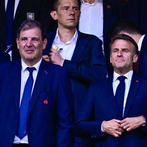 Florian Grill ( president FFR ) et Emmanuel Macron lors de la finale du Top 14 de rugby français entre le Stade Toulousain (Toulouse) et l'Union Bordeaux-Begles (UBB) au Stade de France à Saint-Denis.Le 28 juin 2025.  © Dante Badano/PsnewZ/Bestimage