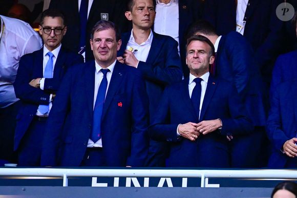 Florian Grill ( president FFR ) et Emmanuel Macron lors de la finale du Top 14 de rugby français entre le Stade Toulousain (Toulouse) et l'Union Bordeaux-Begles (UBB) au Stade de France à Saint-Denis.Le 28 juin 2025.  © Dante Badano/PsnewZ/Bestimage