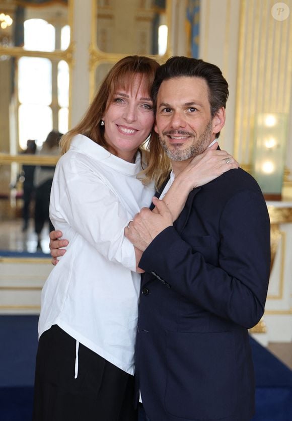 Exclusif - Stéfanie Jarre et son compagnon Laurent Arcaro - Cérémonie de remise des insignes de commandeure de l'ordre national du mérite à Jacqueline Franjou et des insignes de commandeur des Arts et Lettres à Jacques Rouveyrollis par Rima Abdul Malak, Ministre de la Culture Paris 4 juillet 2023. © Dominique Jacovides/Bestimage