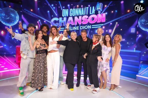 Damien Sargue, Fabienne Carat, Laurence Boccolini, Gwendal Marimoutou, Caroline Ithurbide, Richard Orlinski, Benjamin Castaldi, Isabelle Morini-Bosc, Gilles Verdez, Elsa Esnoult, Isabelle Morini-Bosc, Priscilla Betti lors de l'enregistrement de l’émission "On Connait La Chanson Céline Dion", présentée par L.Boccolini et diffusée le 1er septembre sur W9, à Paris, France, le 2 juillet 2026. © Jack Tribeca/Bestimage