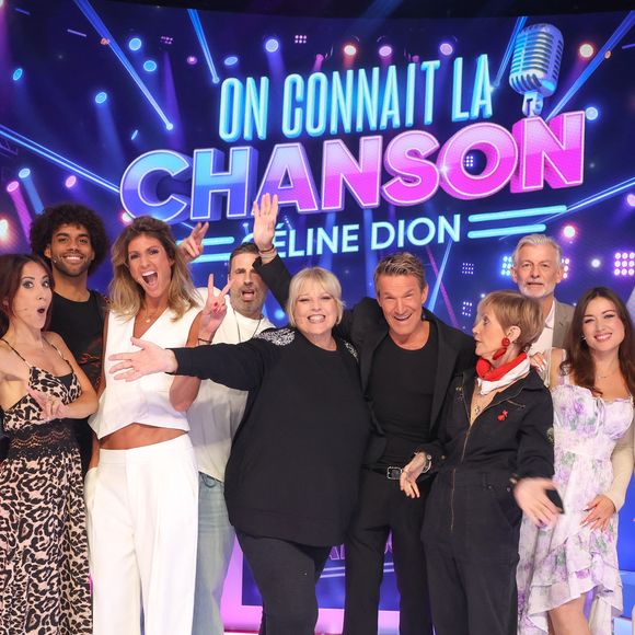 Damien Sargue, Fabienne Carat, Laurence Boccolini, Gwendal Marimoutou, Caroline Ithurbide, Richard Orlinski, Benjamin Castaldi, Isabelle Morini-Bosc, Gilles Verdez, Elsa Esnoult, Isabelle Morini-Bosc, Priscilla Betti lors de l'enregistrement de l’émission "On Connait La Chanson Céline Dion", présentée par L.Boccolini et diffusée le 1er septembre sur W9, à Paris, France, le 2 juillet 2026. © Jack Tribeca/Bestimage