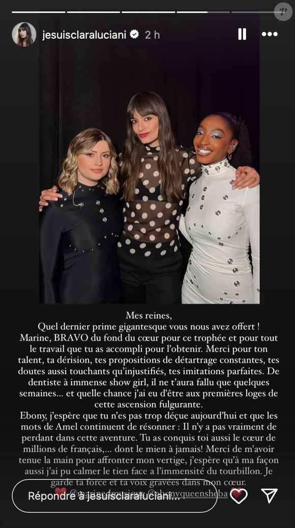 Accompagnée d’une photo en compagnie des deux finalistes, l’artiste a écrit un message sincère...

Post de Clara Luciano sur Instagram @jesuisclaraluciani