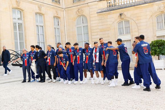Luis Campos, Luis ENRIQUE Entraîneur du Paris Saint-Germain , Nasser AL-KHELAIFI Président du Paris Saint-Germain et l'équipe lors des célébrations du Paris Saint-Germain au Palais de l'Elysee le 1er juin 2025 à Paris, France. (Photo by Loic Baratoux/Icon Sport/ABACAPRESS.COM)