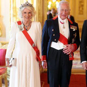 La reine Camilla et le roi Charles III au banquet d'État pour le président français Emmanuel Macron et son épouse Brigitte Macron, au château de Windsor, Berkshire, au premier jour de la visite d'État du président français au Royaume-Uni. Mardi 8 juillet 2025. Photo par Chris Jackson/PA Wire/ABACAPRESS.COM
