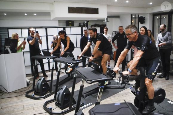 Laurent Jalabert lors de la soirée Kinomap, une application interactive d'entraînement au cyclisme en salle, à Paris le 23 janvier 2024. © Michael Baucher / Panoramic / Bestimage