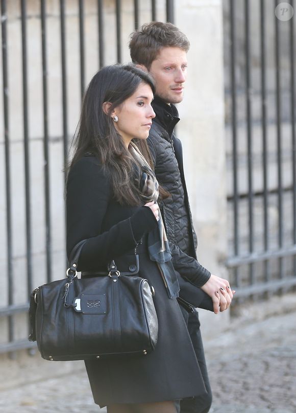 Romain Grosjean et sa femme Marion Jolles - Sorties de la messe en hommage à Christophe de Margerie en l'église Saint-Sulpice à Paris le 27 octobre 2014.
Crédit : DOMINIQUE JACOVIDES / BESTIMAGE