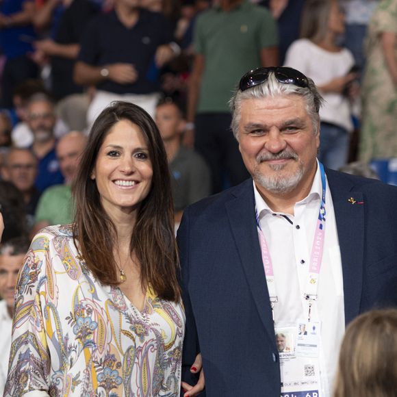 David Douillet et sa femme Vanessa Carrara - Les célébrités assistent aux épreuves de judo lors des Jeux Olympiques de Paris 2024 (JO) au Arena Champs de Mars à Paris, France, le 2 août 2024. © Jacovides-Perusseau/Bestimage