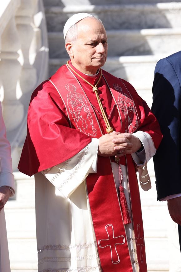 Le Pape Léon XIV, lors d'une cérémonie d'accueil pour sa visite le 28 mars 2026 à Monaco, Monaco. Photo par Jean-Charles Vinaj/ABACAPRESS.COM