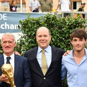 Xavier Beck, le maire de Cap d'Ail, Didier Deschamps, le prince Albert II de Monaco, Dylan Deschamps et Charles Ange Ginesy, le président du Conseil Départementale des Alpes Maritimes durant l'inauguration du Stade de football Didier Deschamps à Cap d'Ail le 12 septembre 2018. © Bruno Bebert / Bestimage