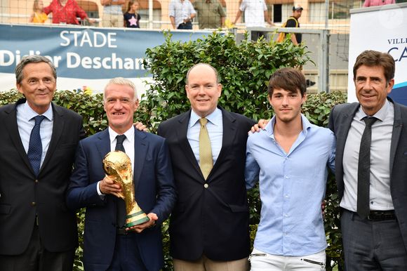 Xavier Beck, le maire de Cap d'Ail, Didier Deschamps, le prince Albert II de Monaco, Dylan Deschamps et Charles Ange Ginesy, le président du Conseil Départementale des Alpes Maritimes durant l'inauguration du Stade de football Didier Deschamps à Cap d'Ail le 12 septembre 2018. © Bruno Bebert / Bestimage