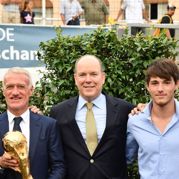 Xavier Beck, le maire de Cap d'Ail, Didier Deschamps, le prince Albert II de Monaco, Dylan Deschamps et Charles Ange Ginesy, le président du Conseil Départementale des Alpes Maritimes durant l'inauguration du Stade de football Didier Deschamps à Cap d'Ail le 12 septembre 2018. © Bruno Bebert / Bestimage