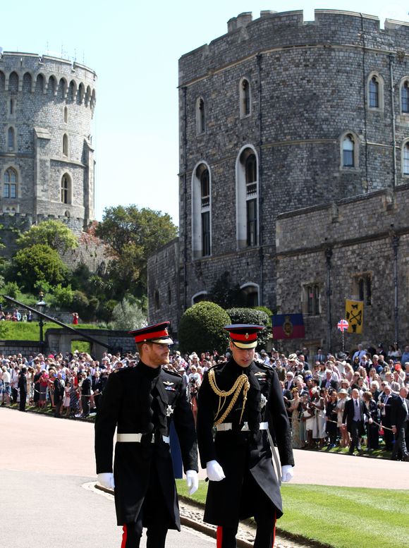 Les princes Harry et William arrivent à la chapelle St. George au château de Windsor - Mariage du prince Harry et de Meghan Markle au château de Windsor, Royaume Uni, le 19 mai 2018.