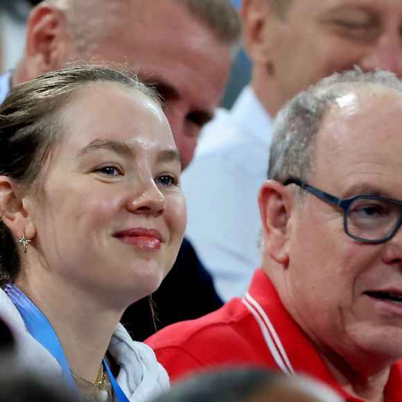 Alexandra de Hanovre, Prince Albert II de Monaco  en tribunes pendant l'épreuve de basketball de Demi-Finale opposant les Etats-Unis à la Serbie lors des Jeux Olympiques de Paris 2024 (JO) à l'Arena Bercy, à Paris, France, le 8 août 2024. © Jacovides-Perusseau/Bestimage