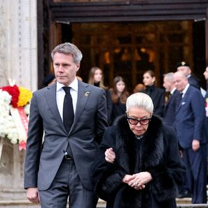 Le prince Emmanuel-Philibert de Savoie et sa mère Marina Ricolfi-Doria - Sorties des funérailles du prince Victor Emmanuel de Savoie en la cathédrale Saint-Jean-Baptiste de Turin le 10 février 2024. © Dominique Jacovides/Bestimage