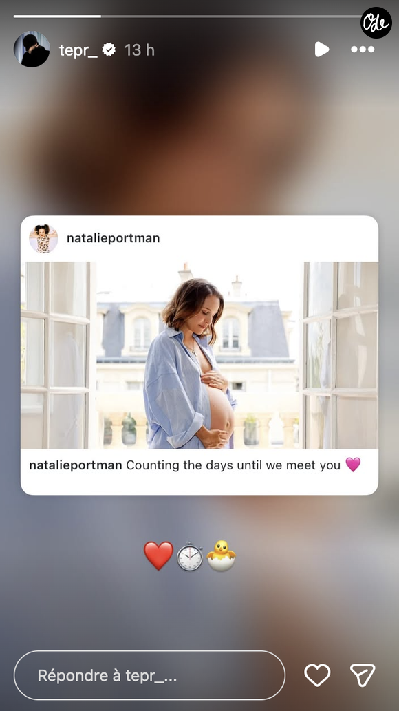 Tepr a partagé la publication de sa compagne en y ajoutant des emojis qui en disent long sur son impatience : un cœur rouge, un chronomètre et un poussin sortant de sa coquille. 

Le musicien français Tanguy Destable, plus connu sous son nom de scène Tepr, réagit à la publication de sa compagne Natalie Portman autour de sa grossesse.