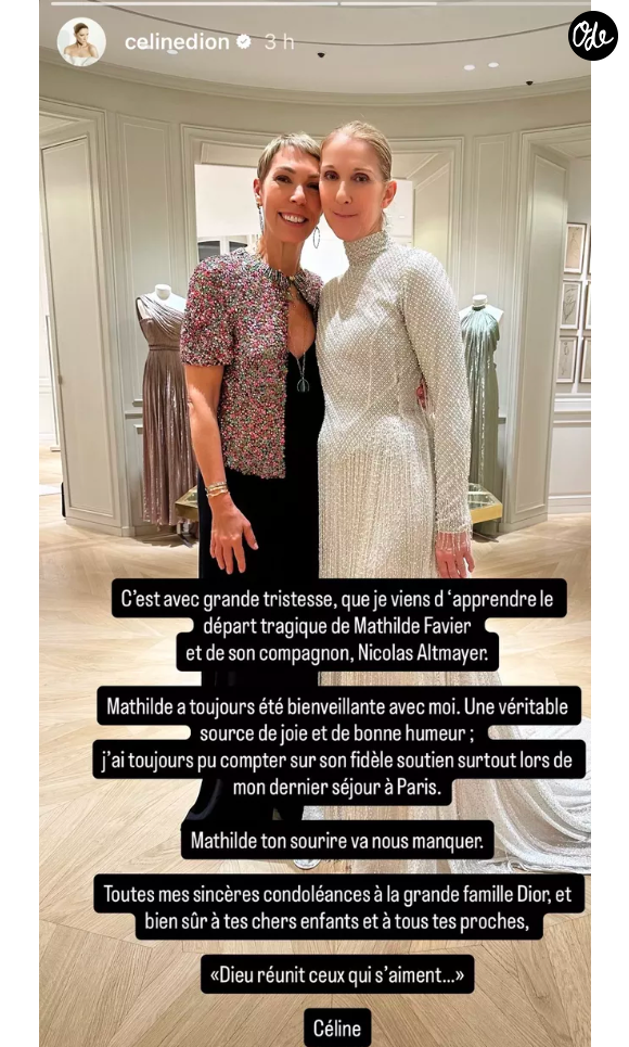L'hommage de Céline Dion à Mathilde Favier après l'annonce de son décès - Instagram
