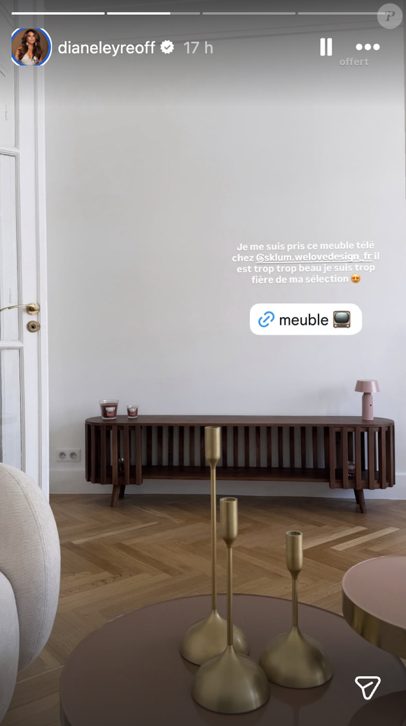 Pour son salon, Diane a misé sur un mélange parfait de chaleur et de douceur. Première star de sa sélection : un meuble TV bas en bois foncé à lattes ouvertes. Pour s'offrir une pièce de ce standing chez Sklum, il faut compter un peu plus de 300 euros.

Diane Leyre dévoile l'intérieur de son appartement parisien
