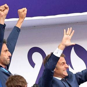 Amélie Oudéa-Castéra, Tony Estanguet, Emmanuel Macron - Les célébrités assistent à la Finale de Rugby à 7 opposant la France aux Fidji lors des Jeux Olympiques de Paris 2024 (JO) au Stade de France à Saint-Denis, Seine Saint-Denis, le 27 juillet 2024. © Jacovides-Perusseau/Bestimage