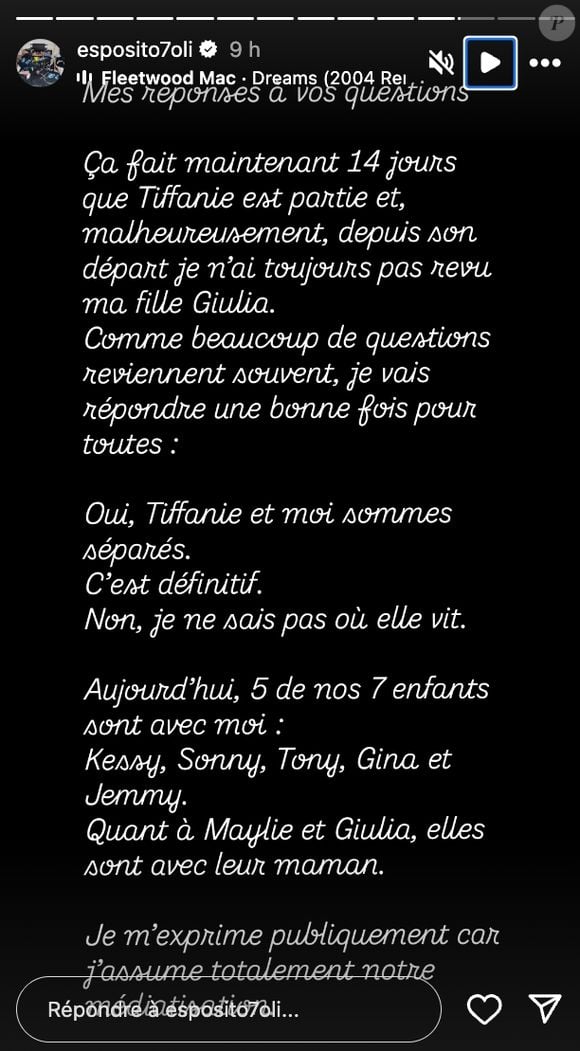 "Ça fait maintenant 14 jours que Tiffanie est partie et malheureusement, depuis son départ je n'ai toujours pas revu ma famille Giulia", a reconnu l'intéressé qui a d'ailleurs confirmé qu'ils s'étaient bel et bien "séparés". "
Capture d'écran Instagram - Mercredi 27 août 2025.