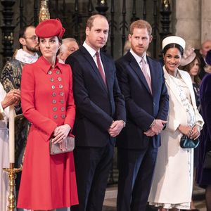 Catherine Kate Middleton, duchesse de Cambridge, le prince William, duc de Cambridge, le prince Harry, duc de Sussex, Meghan Markle, enceinte, duchesse de Sussex, le prince Charles, prince de Galles lors de la messe en l'honneur de la journée du Commonwealth à l'abbaye de Westminster à Londres le 11 mars 2019.