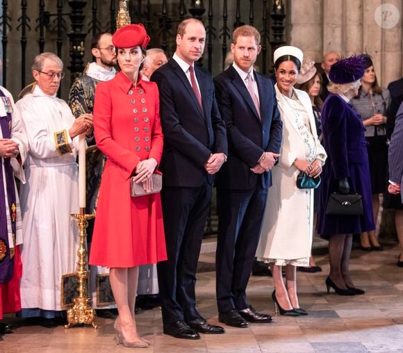 Catherine Kate Middleton, duchesse de Cambridge, le prince William, duc de Cambridge, le prince Harry, duc de Sussex, Meghan Markle, enceinte, duchesse de Sussex, le prince Charles, prince de Galles lors de la messe en l'honneur de la journée du Commonwealth à l'abbaye de Westminster à Londres le 11 mars 2019.