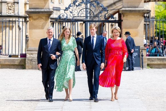 Le roi Philippe, la princesse Éléonore, le prince Emmanuel et la reine Mathilde - La famille royale de Belgique à son arrivée au théâtre Sheldonian à l'université d'Oxford, à l'occasion de la cérémonie de graduation de la princesse Elisabeth. Le 23 juillet 2024.