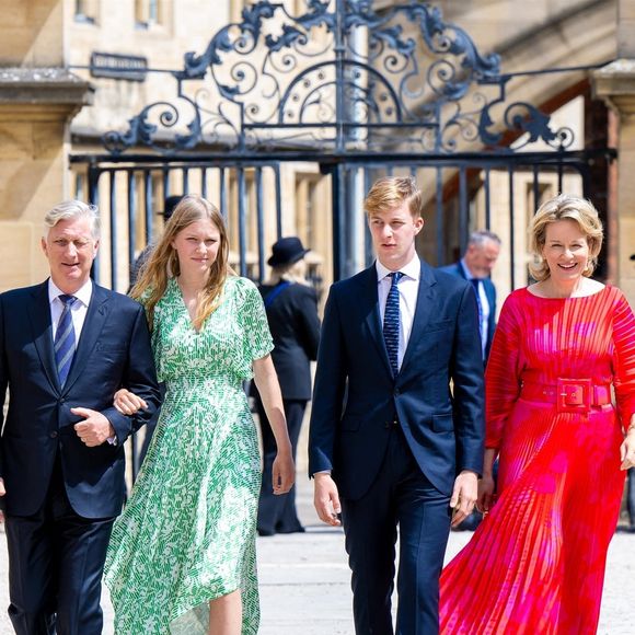 Le roi Philippe, la princesse Éléonore, le prince Emmanuel et la reine Mathilde - La famille royale de Belgique à son arrivée au théâtre Sheldonian à l'université d'Oxford, à l'occasion de la cérémonie de graduation de la princesse Elisabeth. Le 23 juillet 2024.