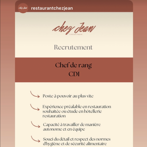 Antoine Dupont a posté une story sur Instagram, le vendredi 9 juillet, dans laquelle il annonce que son restaurant Chez Jean recrute.