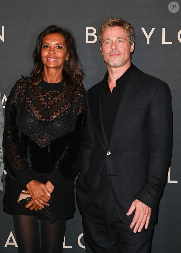 Brad Pitt et Karine Le Marchand à la première du film "Babylon" au cinéma Le Grand Rex à Paris, France, le 14 janvier 2023. © Coadic Guirec/Bestimage