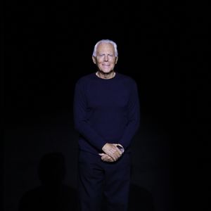 Le styliste Giorgio Armani - Défilé Emporio Armani collection prêt-à-porter Automne-hiver 2016-2017 lors de la fashion week à Milan, le 26 février 2016.