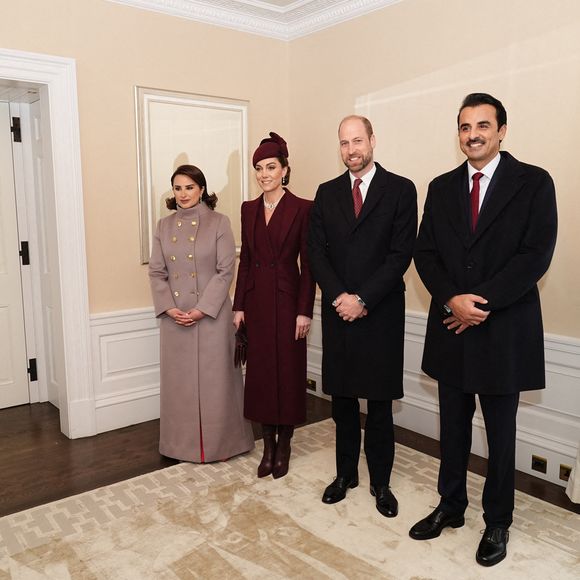 Le Prince et la Princesse de Galles accueillent l'Emir du Qatar Sheikh Tamim bin Hamad Al Thani (à droite) et son épouse Sheikha Jawaher (à gauche) à Londres, au nom du Roi, avant la cérémonie d'accueil à Horse Guards Parade, pour leur visite d'Etat au Royaume-Uni. Mardi 3 décembre 2024. Photo by Aaron Chown/PA Wire/ABACAPRESS.COM