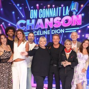 Damien Sargue, Fabienne Carat, Laurence Boccolini, Gwendal Marimoutou, Caroline Ithurbide, Richard Orlinski, Benjamin Castaldi, Isabelle Morini-Bosc, Gilles Verdez, Elsa Esnoult, Isabelle Morini-Bosc, Priscilla Betti lors de l'enregistrement de l’émission "On Connait La Chanson Céline Dion", présentée par L.Boccolini et diffusée le 1er septembre sur W9, à Paris, France, le 2 juillet 2026. © Jack Tribeca/Bestimage