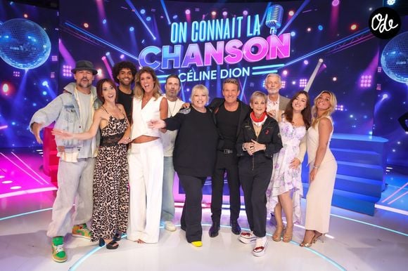 Damien Sargue, Fabienne Carat, Laurence Boccolini, Gwendal Marimoutou, Caroline Ithurbide, Richard Orlinski, Benjamin Castaldi, Isabelle Morini-Bosc, Gilles Verdez, Elsa Esnoult, Isabelle Morini-Bosc, Priscilla Betti lors de l'enregistrement de l’émission "On Connait La Chanson Céline Dion", présentée par L.Boccolini et diffusée le 1er septembre sur W9, à Paris, France, le 2 juillet 2026. © Jack Tribeca/Bestimage