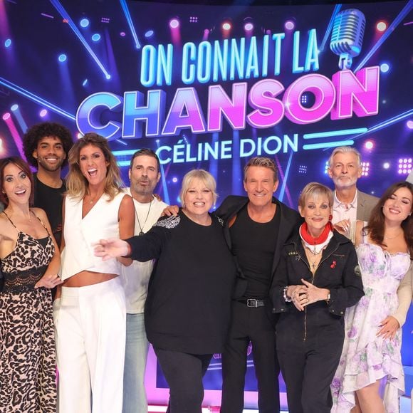 Damien Sargue, Fabienne Carat, Laurence Boccolini, Gwendal Marimoutou, Caroline Ithurbide, Richard Orlinski, Benjamin Castaldi, Isabelle Morini-Bosc, Gilles Verdez, Elsa Esnoult, Isabelle Morini-Bosc, Priscilla Betti lors de l'enregistrement de l’émission "On Connait La Chanson Céline Dion", présentée par L.Boccolini et diffusée le 1er septembre sur W9, à Paris, France, le 2 juillet 2026. © Jack Tribeca/Bestimage