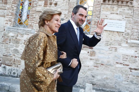 La princesse Anne Marie du Danemark et le prince Nikolaos de Grèce pendant le mariage du prince Nikolaos de Grèce et de Chrysi Vardinogiannis à l'église Saint Nicolas Ragavas à Athènes, Grèce, le 7 février 2025. Photo by Sotiris Dimitropoulos/Eurokinissi/ABACAPRESS.COM