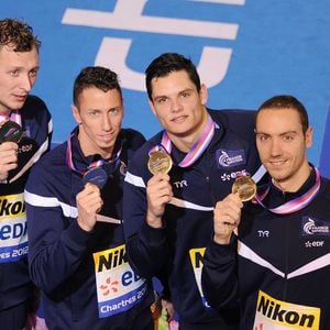 Jeremy Stravius, Amaury Leveaux, Frederick Bousquet et Florent Manaudou relais
4 x 50 m nage libre lors des Championnats d' Europe de Natation a Chartres le 25 Novembre 2012. Agence / Bestimage