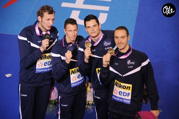 Jeremy Stravius, Amaury Leveaux, Frederick Bousquet et  Florent Manaudou relais 
4 x 50 m nage libre lors des Championnats d' Europe de Natation a Chartres le 25 Novembre 2012. Agence / Bestimage