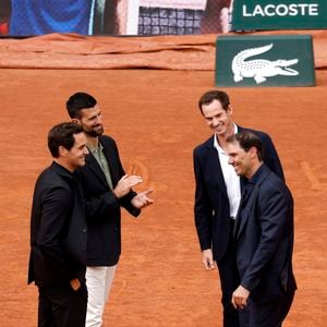 Roger Federer, Andy Murray, Novak Djokovic, Rafael Nadal à la cérémonie d'hommage pour Rafael Nadal le 25 mai 2025. © Cyril Moreau-Dominique Jacovides / Bestimage