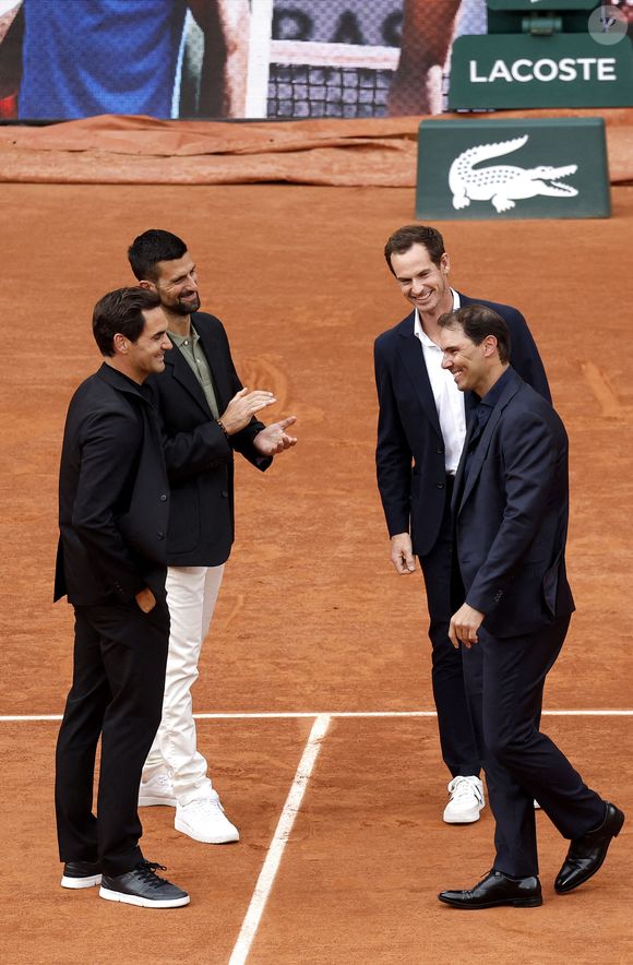 Roger Federer, Andy Murray, Novak Djokovic, Rafael Nadal à la cérémonie d'hommage pour Rafael Nadal le 25 mai 2025. © Cyril Moreau-Dominique Jacovides / Bestimage