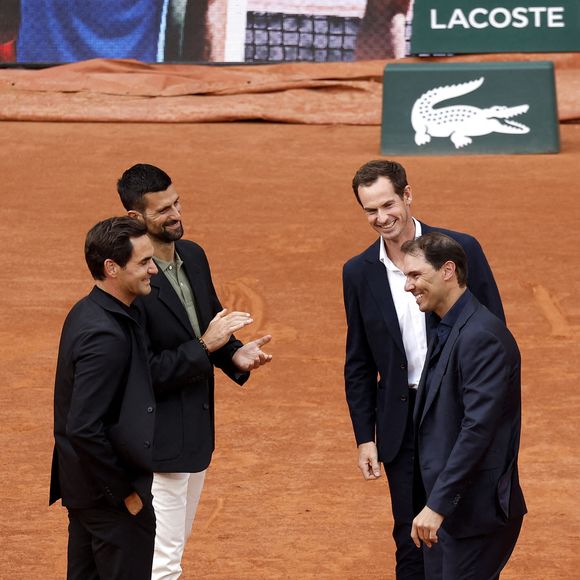 Roger Federer, Andy Murray, Novak Djokovic, Rafael Nadal à la cérémonie d'hommage pour Rafael Nadal le 25 mai 2025. © Cyril Moreau-Dominique Jacovides / Bestimage