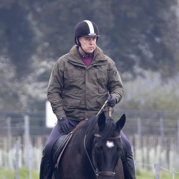 Le prince Andrew, duc d’York, se balade à cheval avec un ami dans le parc du château de Windsor. Dana Press / Bestimage