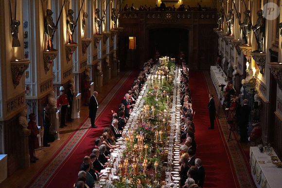 Illustration du Banquet d'État organisé en l'honneur du Président français Emmanuel Macron à Londres le mardi 8 juillet 2025Photo credit should read: Aaron Chown/PA Wire